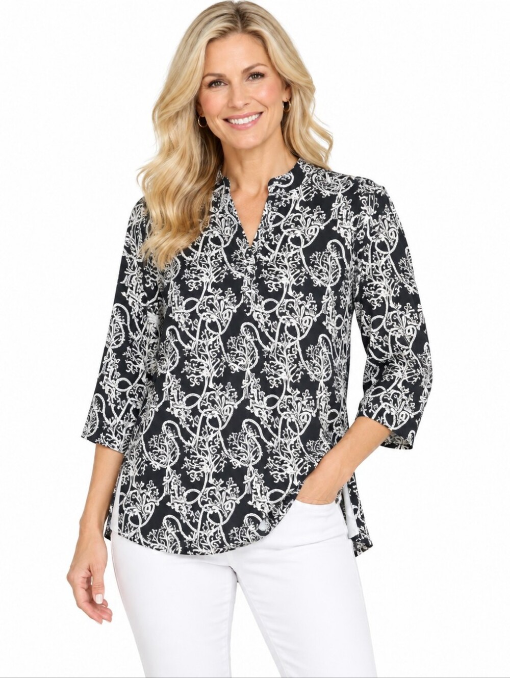 Lulu B Womens Plus Blouse Tunic Top Black Tan WhitebPaisley Size 1x Stretchy